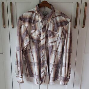 VTG H Bar C California Ranchwear Shirt Mens XL Long Tail Plaid Pearl Snap USA